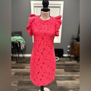 Trina Turk Pink Coral Lace Sheath Dress XS Flutter Sleeve Party Open Back